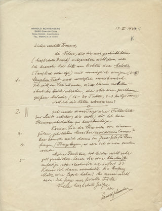 Schoenberg, Arnold. (1874–1951) Autograph Letter Signed, regarding an unrealized choral work