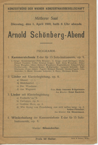 [Schoenberg, Arnold. (1874-1951)] Arnold Schönberg-Abend. Wien, April 1, 1919. [Concert Program]