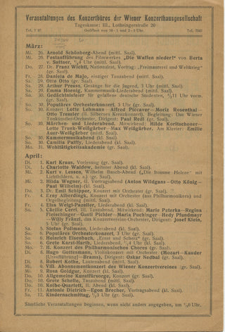 [Schoenberg, Arnold. (1874-1951)] Arnold Schönberg-Abend. Wien, April 1, 1919. [Concert Program]