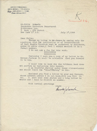 Schoenberg, Arnold. (1874–1951) [Greissle, Felix. (1894–1982)] Typed letter signed