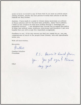 Schuller, Gunther. (1925–2015) Interesting letter to Dizzy Gillespie!