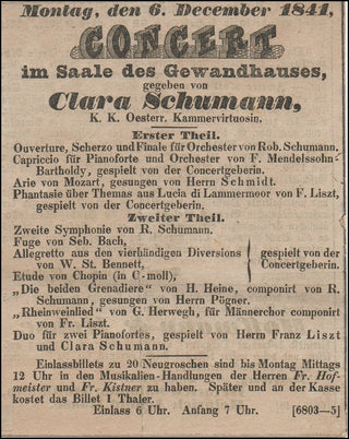 [Schumann, Clara. (1819–1896)] [Liszt, Franz. (1811–1886)] Rare 1844 Concert  Advertisement