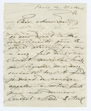 Schumann, Clara. (1819–1896) [Lalo, Édouard. (1823–1892)] [Armingaud, Jules. (1820–1900)] Autograph Letter Signed concerning a concert performance of Robert Schumann's Piano Quartet.