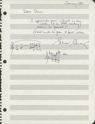 Schwartz, Elliott. (1936–2016) Autograph Musical Quotation Signed