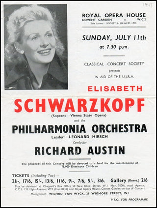 Schwarzkopf, Elizabeth.  (1915-2006) 1947 Concert Broadside