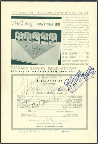 Scotti, Antonio. (1866–1936) [Bori, Lucrezia. (1887–1960) & Tibbett, Lawrence. (1896–1960)] Signed Metropolitan Opera Program, "L'Oracolo."