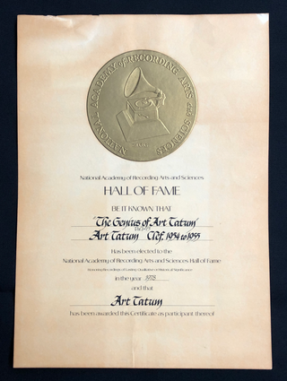 Tatum, Art. (1909–1956) Hall of Fame Certificate