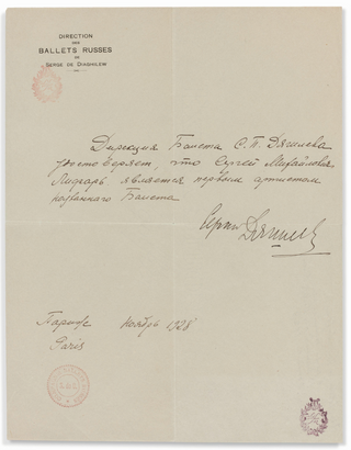 Diaghilev, Sergei. (1872–1929) [Lifar, Serge. (1905-1986)] Important Autograph Letter naming Serge Lifar as First Artist of the Ballets Russes