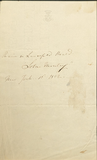 Montez, Lola. (1821–1861) Autograph Signature, dated New York, 1892