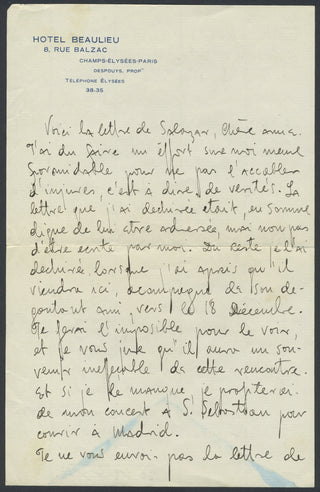 Segovia, Andrés. (1893–1987) Autograph Letter to Magdeleine Greslé mentioning de Falla and Arbos