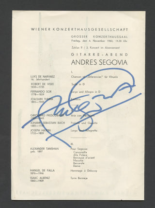 Segovia, Andrés. (1893–1987) Signed Program