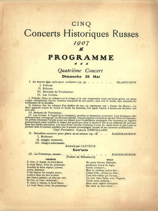 Rachmaninoff, Sergei. (1873–1943) & Chaliapin, Feodor. (1873–1938) & Chevillard, Camille. (1859 - 1923) [Diaghilev, Sergei. (1872–1929)] "Cinq Concerts Historiques Russes, 1907...Quatrième Concert" - Concert Program including a performance by the composer