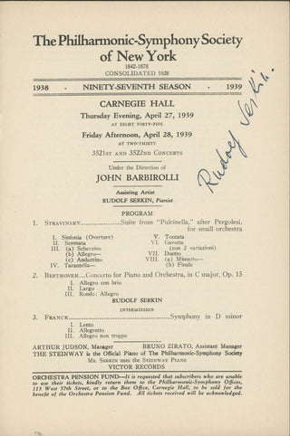 Serkin, Rudolf. (1903–1991) Signed Concert Program