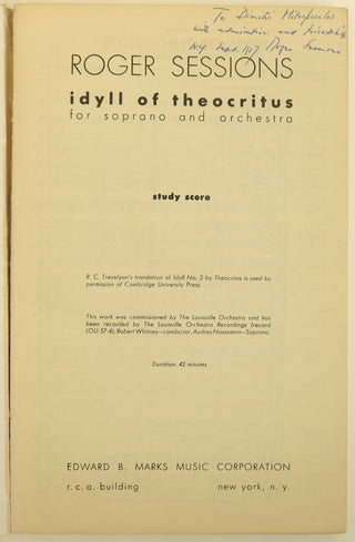 Sessions, Roger. (1896–1985) [Mitropoulos, Dimitri. (1896–1960)] "Idyll of Theocritus" - Inscribed to Dimitri Mitropoulos