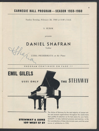 Shafran, Daniil. (1923–1997) Signed Carnegie Hall Debut Program