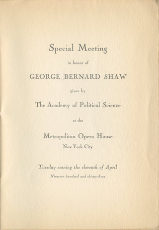 Shaw, George Bernard. (1856-1950) Academy of Political Science - 1933 Met Opera Lecture Program