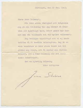 Sibelius, Jean. (1865–1957) [Telmányi. Emil. (1892–1988)] Signed Letter to Emil Telmanyi about the Violin Concerto