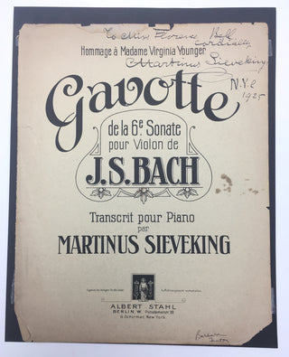 [Bach, J.S. (1685-1750)] Sieveking, Martinus. (1867–1950)  Gavotte de la 6e. Sonate pour Violon de J. S. Bach - Signed Title Page