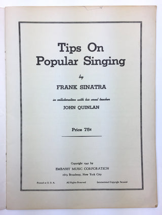 [Sinatra, Frank. (1915–1998)] Quinlan, John. Tips on Popular Singing by Frank Sinatra