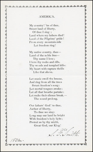 Smith, Samuel Francis. (1808-1895) "My Country Tis of Thee," SIGNED