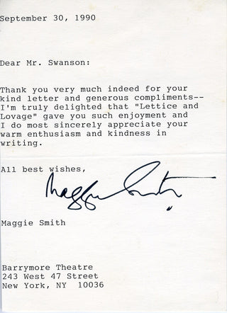 Smith, Maggie. (b. 1934) Typed Note Signed about "Lettice and Lovage"