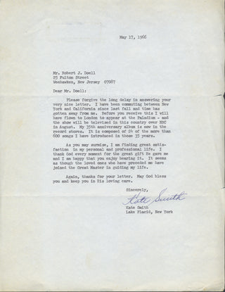 Smith, Kate. (1907–1986) "I thank God every moment for the great gift He gave me" - Typed Letter Signed