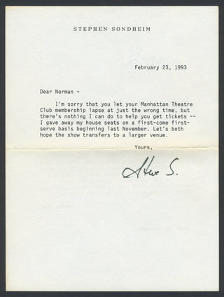 Sondheim, Stephen. (1930–2021) Group of Early Autograph Letters and Playbills