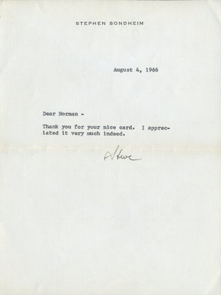 Sondheim, Stephen. (1930–2021) Group of Early Autograph Letters and Playbills