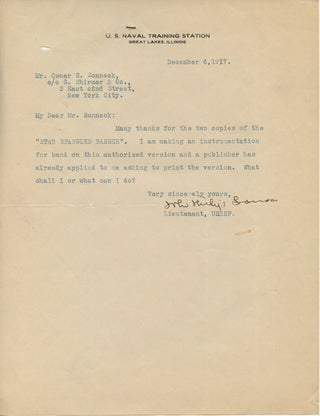 Sousa, John Philip. (1854–1932) [Sonneck, Oscar G. (1873–1928)] "Thanks for the two copies of the STAR SPANGLED BANNER" - Typed Letter Signed to Oscar Sonneck