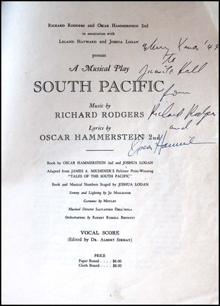 [South Pacific] Rodgers, Richard. (1902-1979) & Hammerstein, Oscar. (1895-1960) South Pacific - Inscribed to Juanita Hall by Rodgers and Hammerstein