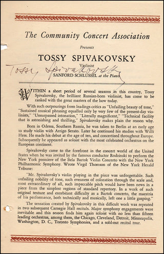 Spivakovsky, Tossy. (1907–1998) Signed Program