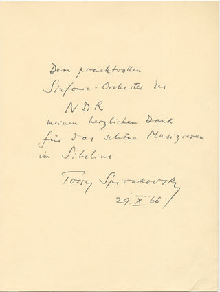 Spivakovsky, Tossy. (1907–1998) "Thanks for the sweet music-making in Sibelius" - Autograph Note Signed to the North German Radio Symphony Orchestra