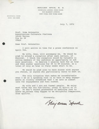 Spock, Benjamin. (1903–1998) [Mead, Margaret. (1901–1978) Collection of Letters Related to a 1973 Speaking Tour in Italy