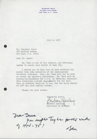 Spock, Benjamin. (1903–1998) [Mead, Margaret. (1901–1978) Collection of Letters Related to a 1973 Speaking Tour in Italy