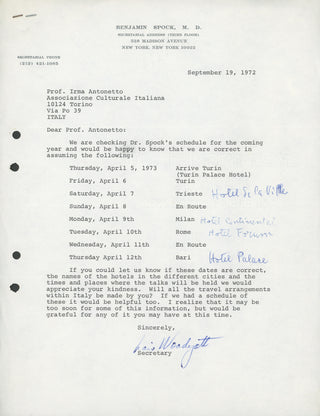 Spock, Benjamin. (1903–1998) [Mead, Margaret. (1901–1978) Collection of Letters Related to a 1973 Speaking Tour in Italy