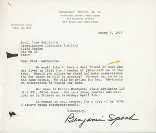 Spock, Benjamin. (1903–1998) [Mead, Margaret. (1901–1978) Collection of Letters Related to a 1973 Speaking Tour in Italy