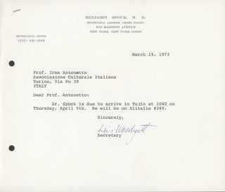 Spock, Benjamin. (1903–1998) [Mead, Margaret. (1901–1978) Collection of Letters Related to a 1973 Speaking Tour in Italy