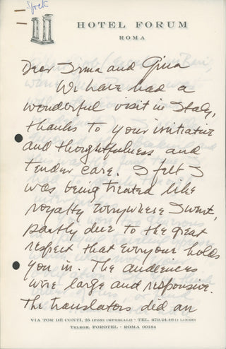 Spock, Benjamin. (1903–1998) [Mead, Margaret. (1901–1978) Collection of Letters Related to a 1973 Speaking Tour in Italy