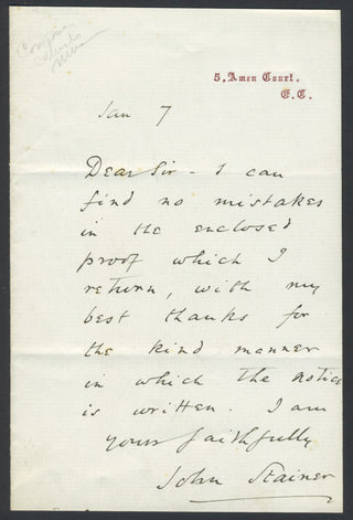 Stainer, John. (1840–1901) Autograph Letter