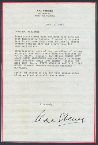 Steiner, Max. (1888–1971) Typed Letter Signed, about his Recordings