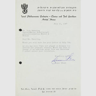 [Violinists & Cellists] Stern, Isaac. (1920-2001)  Signed Letter Declining to Perform in Germany