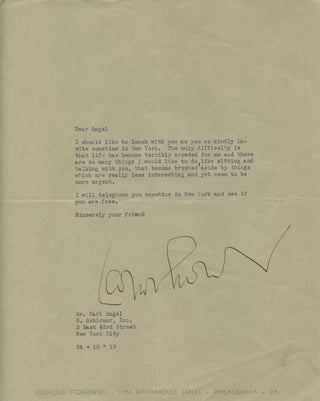 Stokowski, Leopold. (1882–1977) [Engel, Carl. (1883–1944)] Typed Letter Signed to Carl Engel