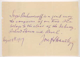 [Rachmaninoff, Sergei. (1873–1943)] Stransky, Josef. (1872-1936) Autograph Testimonial on Rachmaninoff