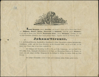 Strauss, Johann. (1804 - 1849) Rare Printed 1849 Funeral Announcement