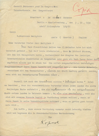 [Strauss, Richard. (1864–1949)] [Malipiero, Gian Francesco. (1882–1973)] Kopsch, Julius. Typed Letter Signed