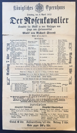 [Strauss, Richard. (1864–1949)] [Margarethe Siems, Eva von der Osten] Der Rosenkavalier - Original 1912 Broadside