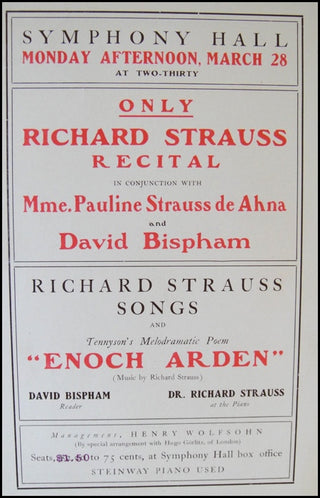 Strauss, Richard. (1864–1949) Tennyson's Enoch Arden für Pianoforte. Op. 38. WITH ORIGINAL PAULINE & RICHARD STRAUSS RECITAL PROGRAM