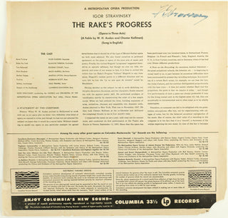 Stravinsky, Igor. (1882–1971) [Auden, W.H. (1907–1973) & Kallman, Chester. (1921–1975)] The Rake's Progress - SIGNED LP INSERT