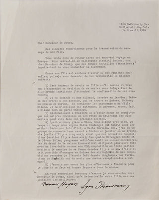 Stravinsky, Igor. (1882–1971) 1944 Typed Letter Signed - "I had a group of very successful concerts in Boston"