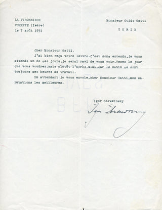 Stravinsky, Igor. (1882–1971) Typed Letter Signed to Guido Gatti - "I always work in the morning hours"